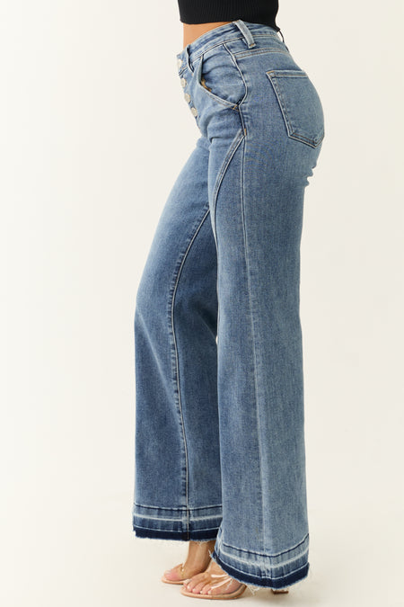 Risen Medium Wash Front Seam Wide Leg Jeans