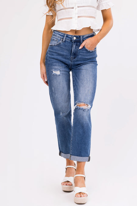 Risen Medium Wash Girlfriend Cropped Jeans