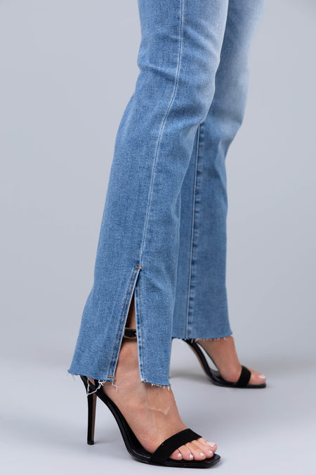 Risen Medium Wash Hem Split Straight Jeans