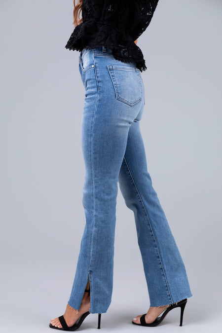 Risen Medium Wash Hem Split Straight Jeans