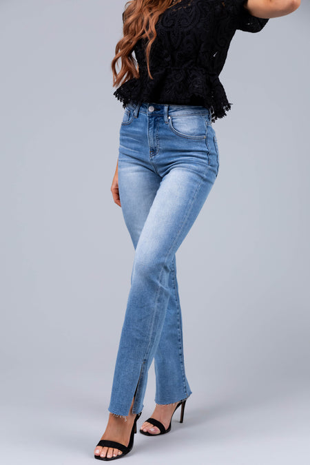 Risen Medium Wash Hem Split Straight Jeans