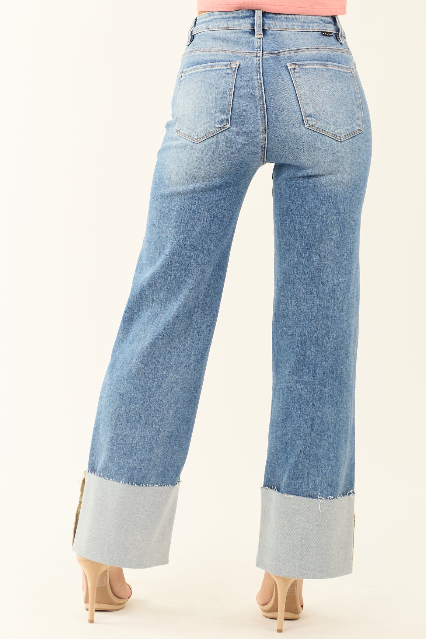 Risen Medium Wash Stretchy Cuffed Wide Jeans