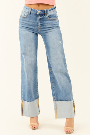 Risen Medium Wash Stretchy Cuffed Wide Jeans