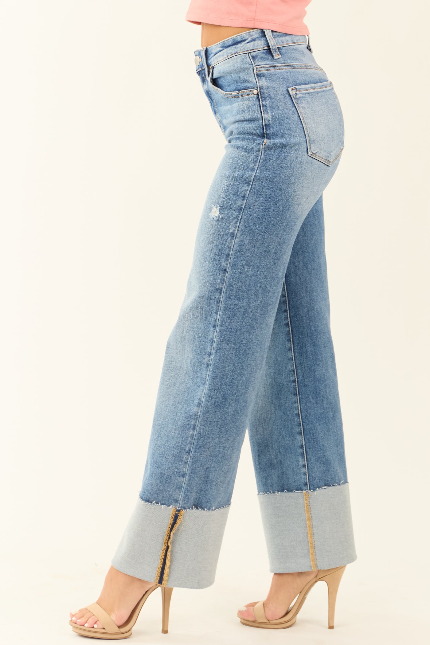 Risen Medium Wash Stretchy Cuffed Wide Jeans