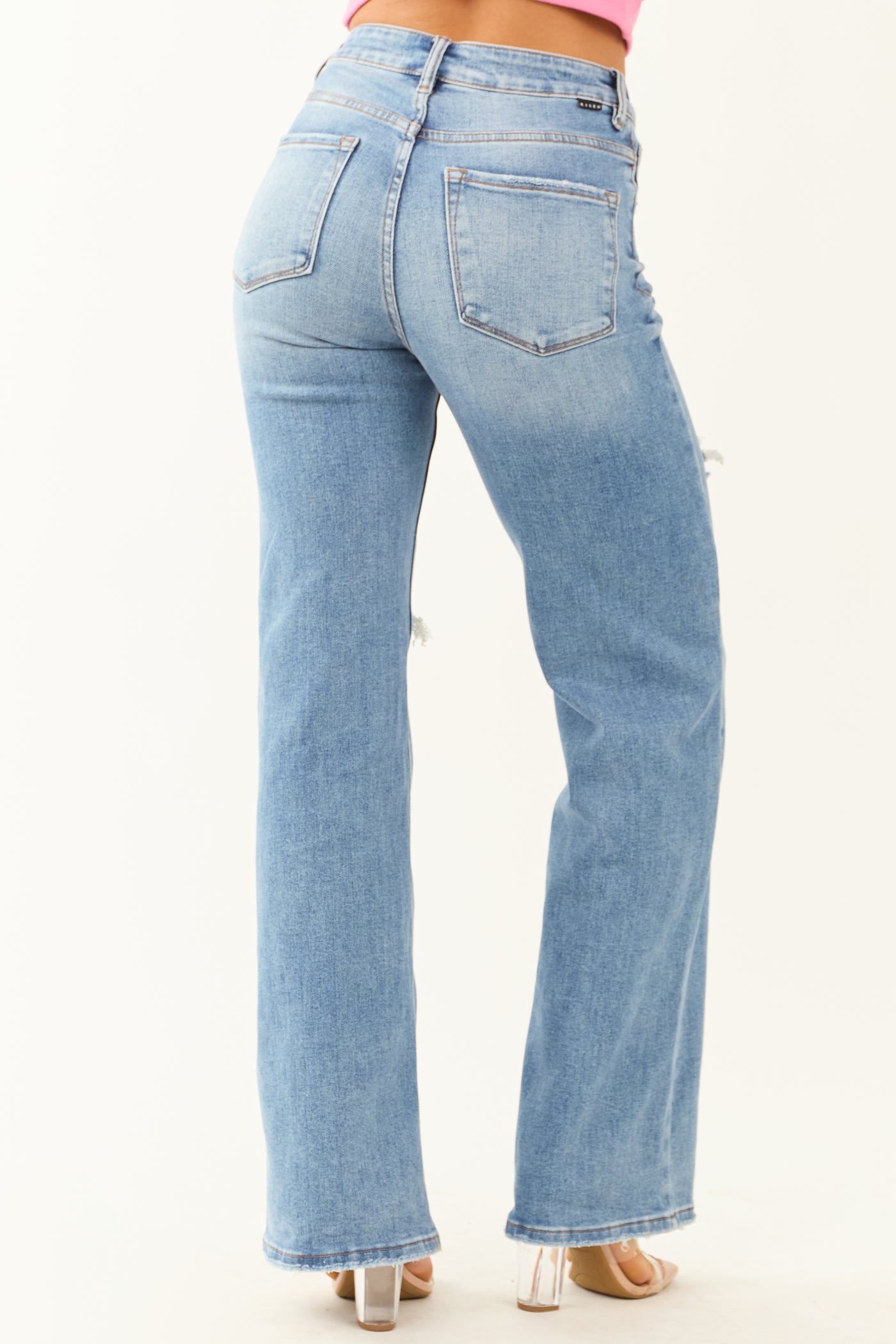 Risen Medium Wash Distressed Stretchy Wide Leg Jeans