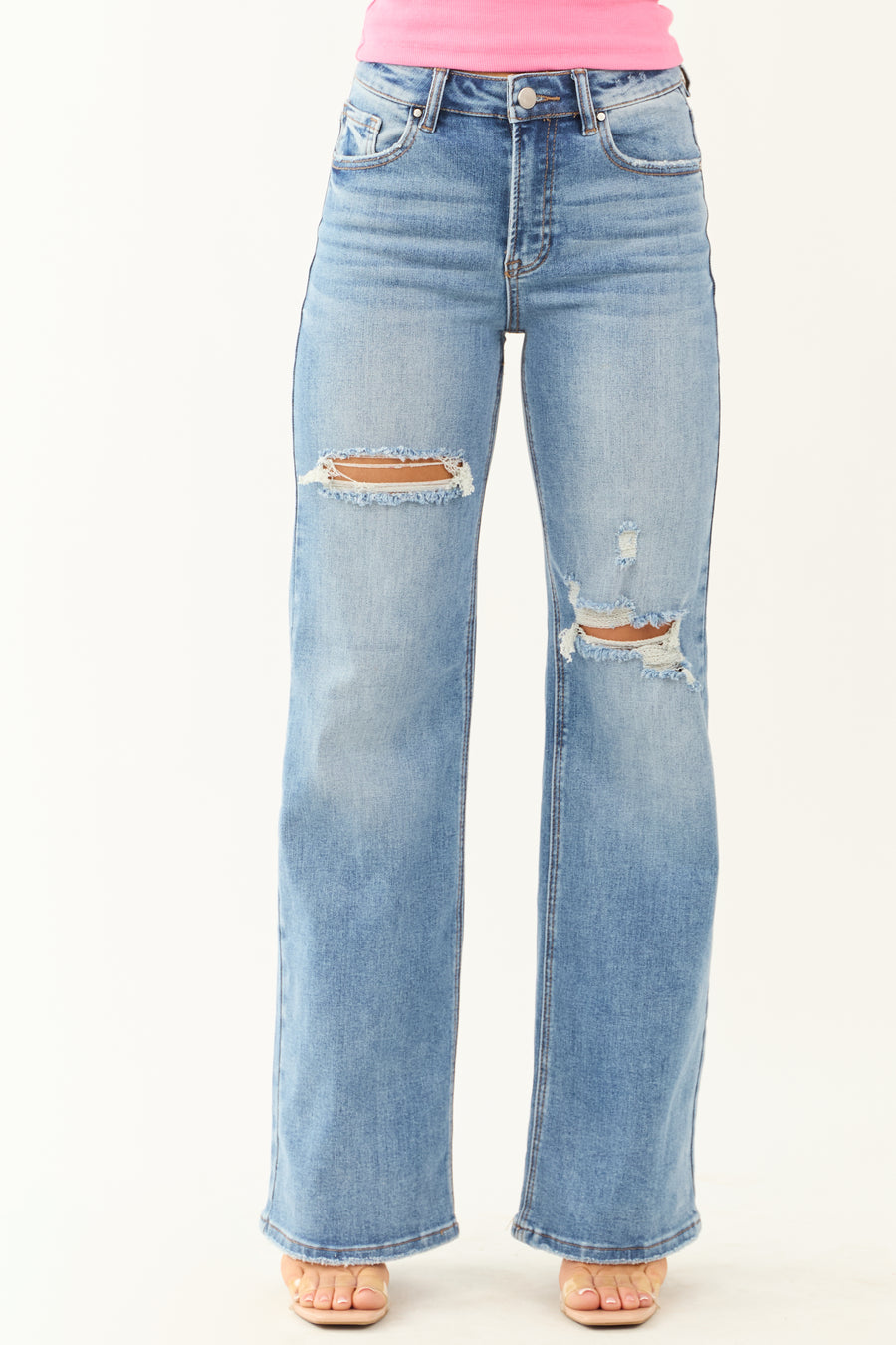 Risen Medium Wash Distressed Stretchy Wide Leg Jeans