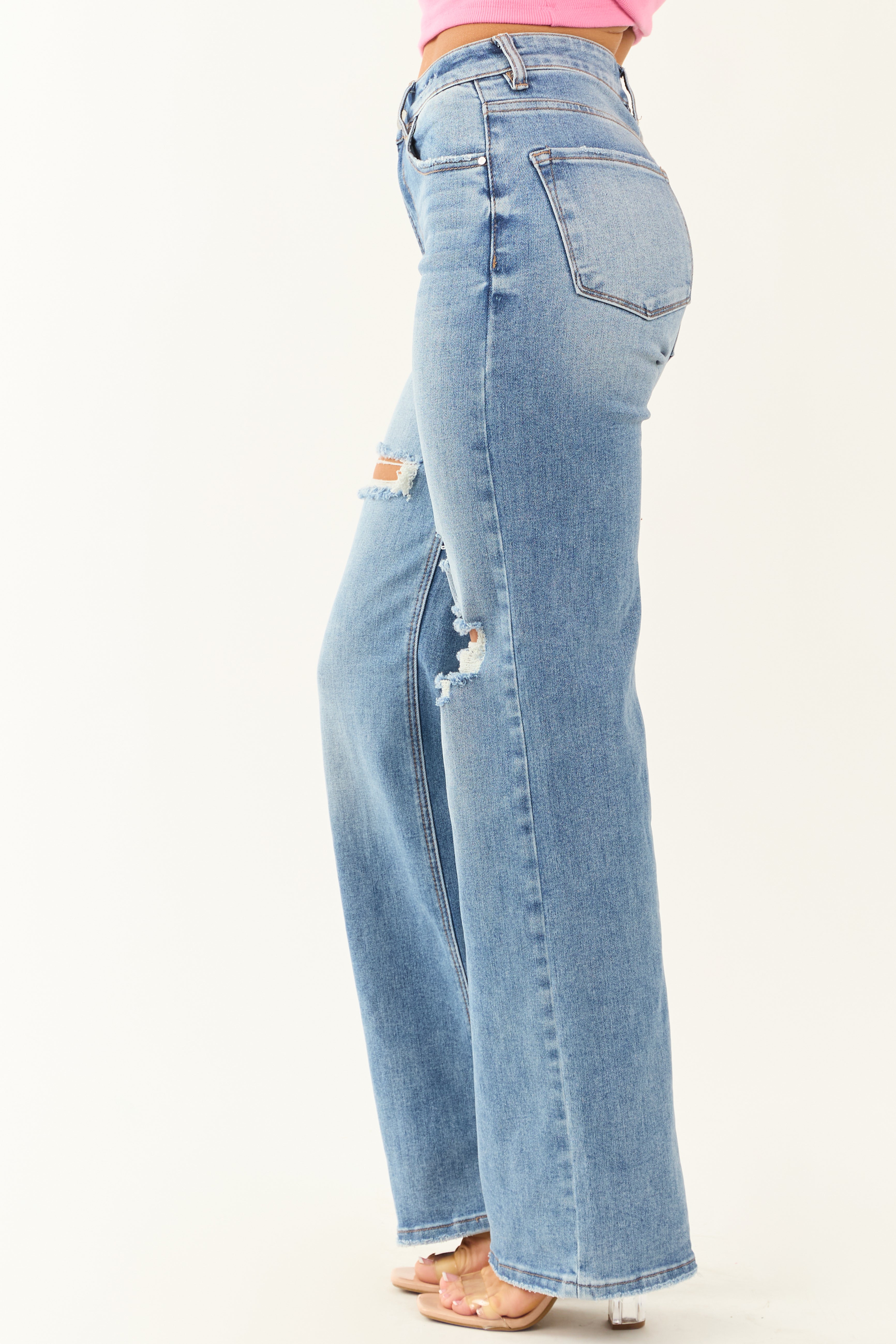 Risen Medium Wash Distressed Stretchy Wide Leg Jeans