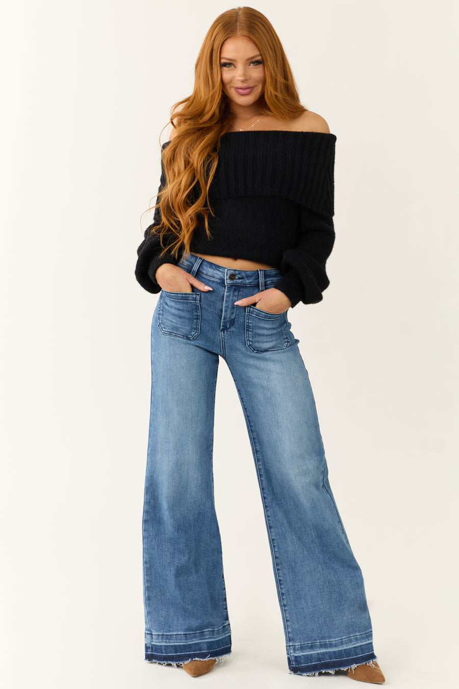 Risen Medium Wash Ombre Hem Wide Leg Jeans