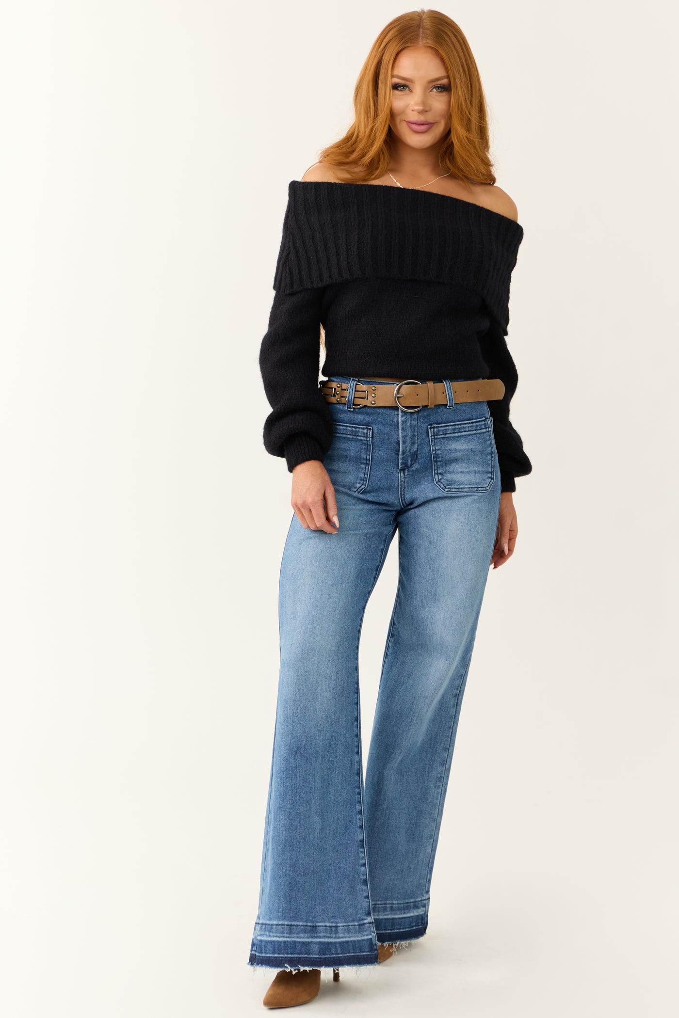 Risen Medium Wash Ombre Hem Wide Leg Jeans