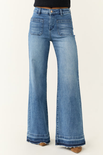 Risen Medium Wash Ombre Hem Wide Leg Jeans