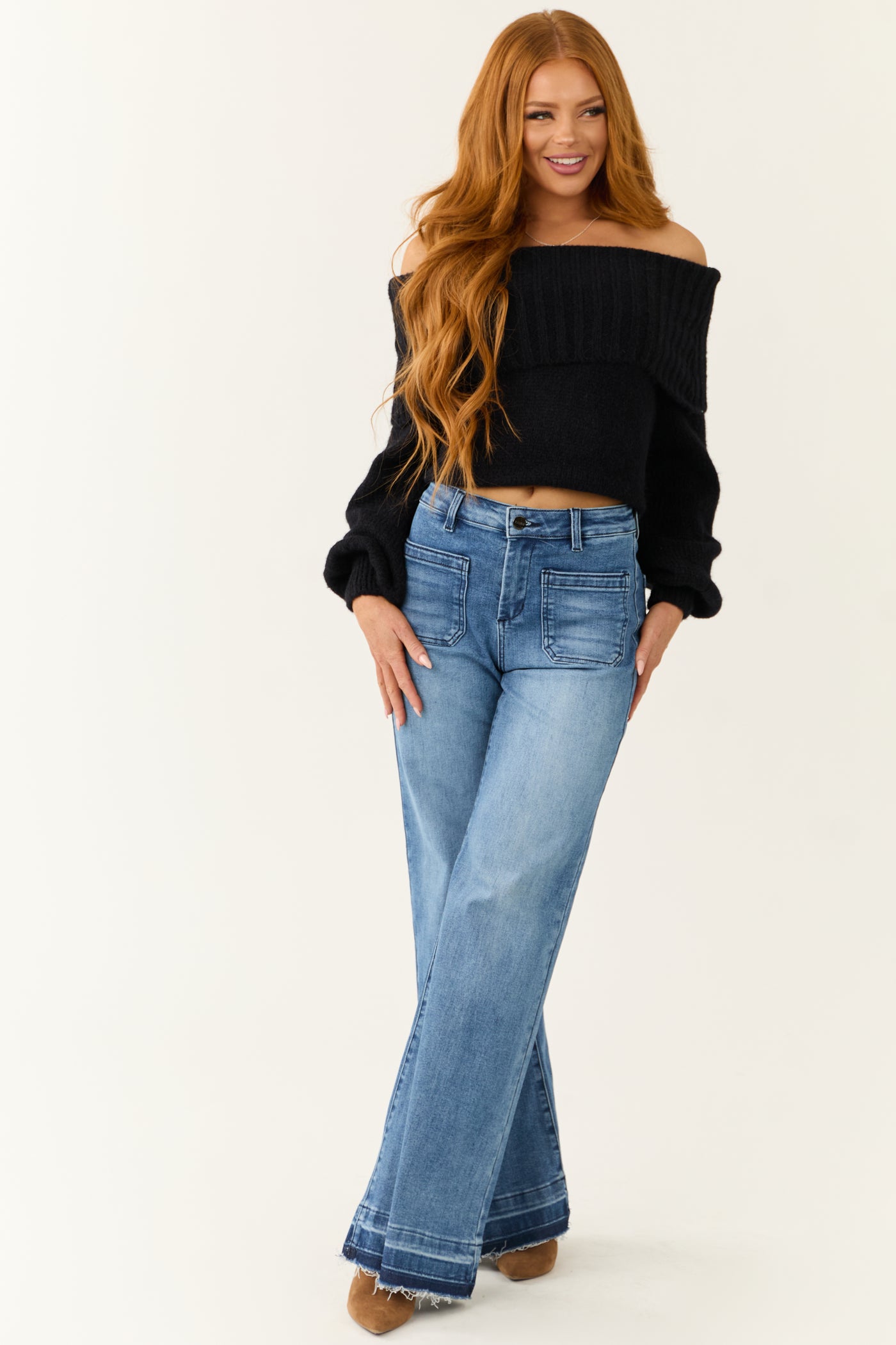 Risen Medium Wash Ombre Hem Wide Leg Jeans