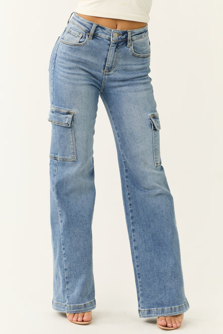 Risen Medium Wash Straight Leg Cargo Jeans