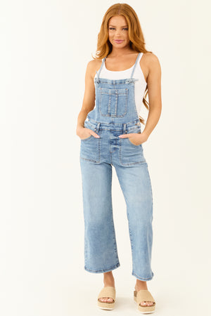 Risen Medium Wash Wide Leg Cropped Overalls