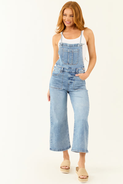 Risen Medium Wash Wide Leg Cropped Overalls