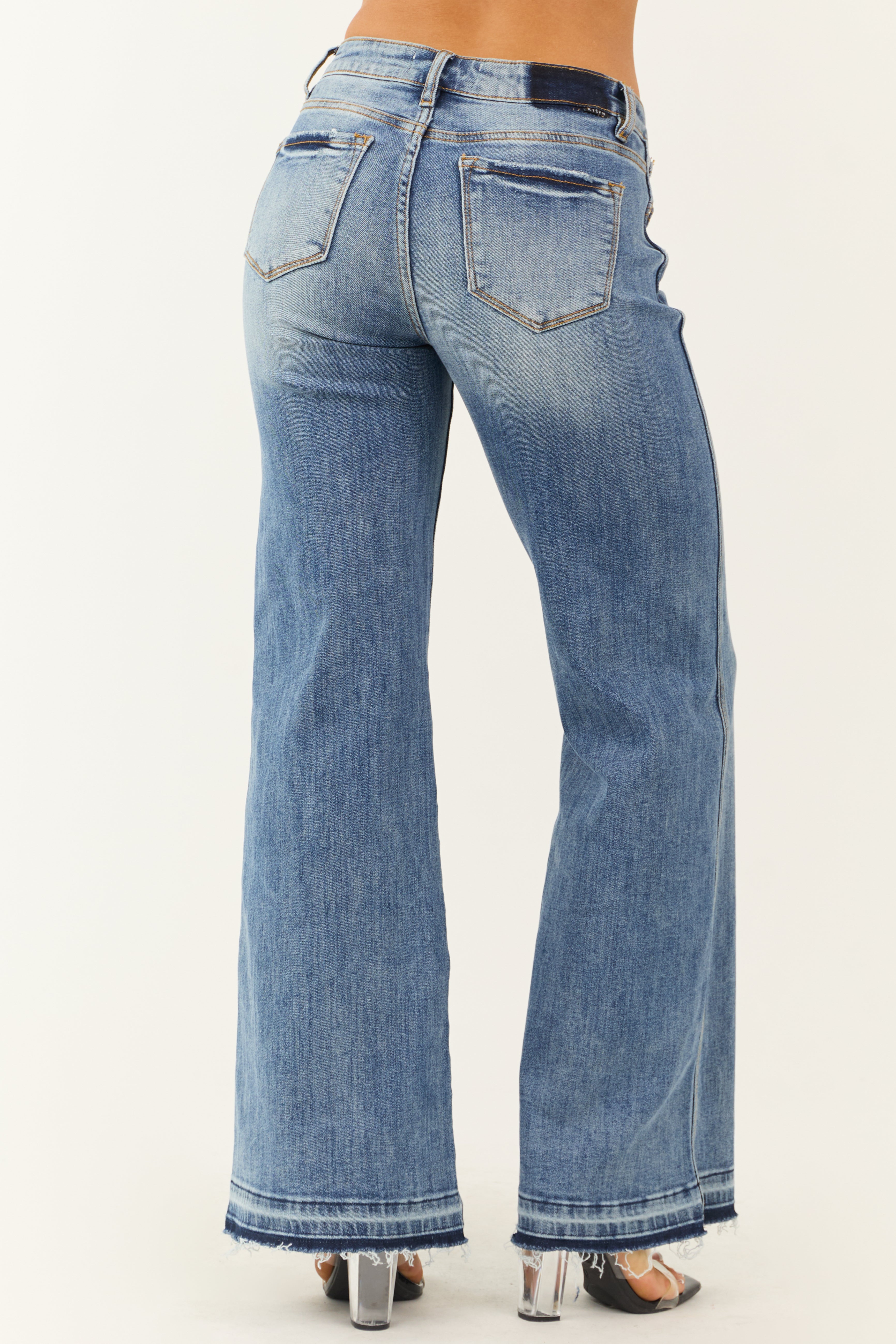 Risen Medium Wash Wide Leg Released Hem Jeans