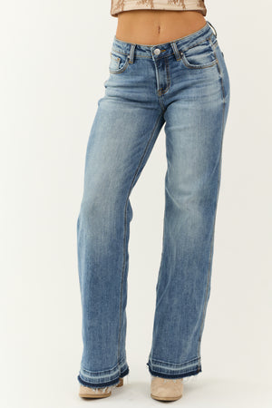 Risen Medium Wash Wide Leg Released Hem Jeans