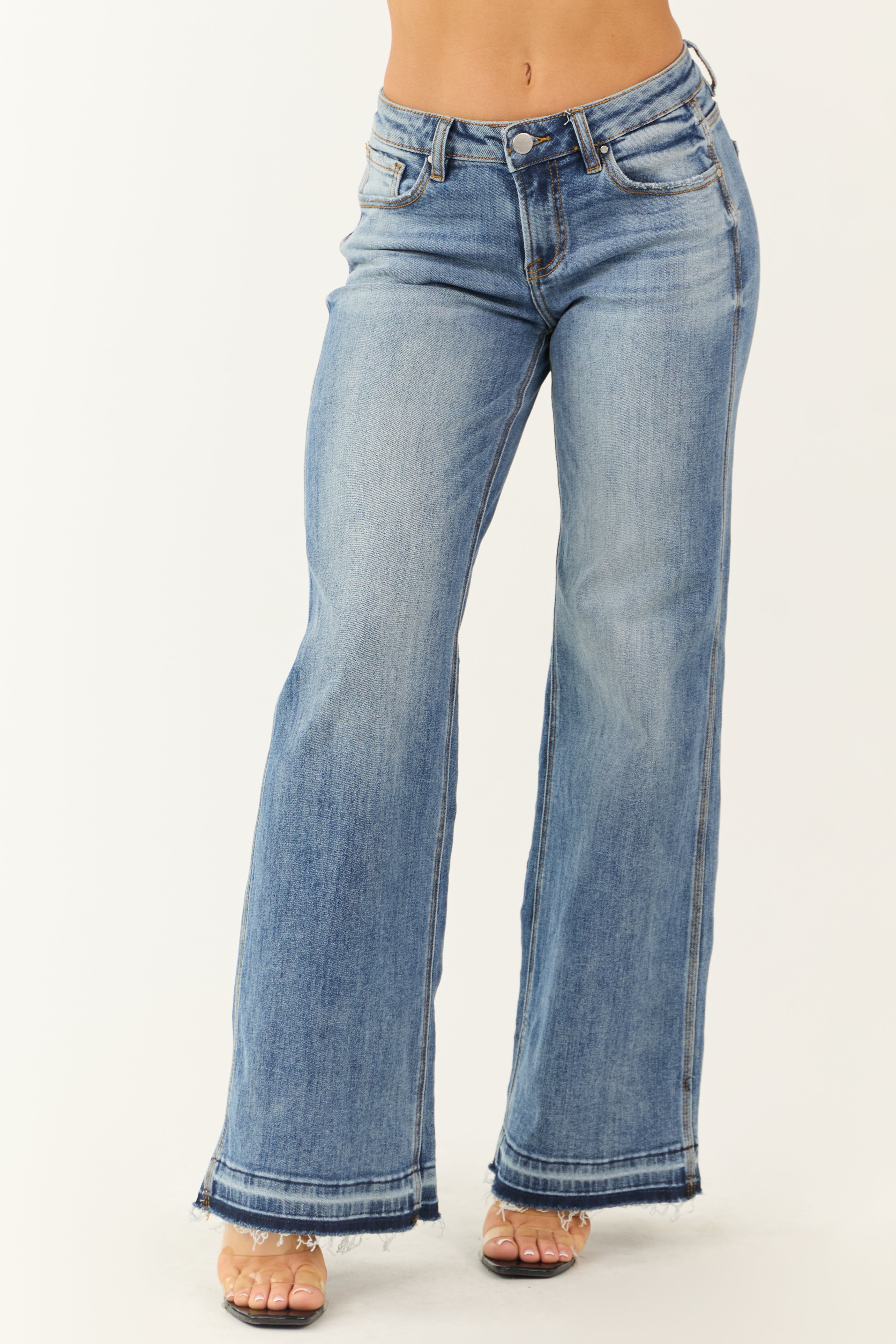 Risen Medium Wash Wide Leg Released Hem Jeans