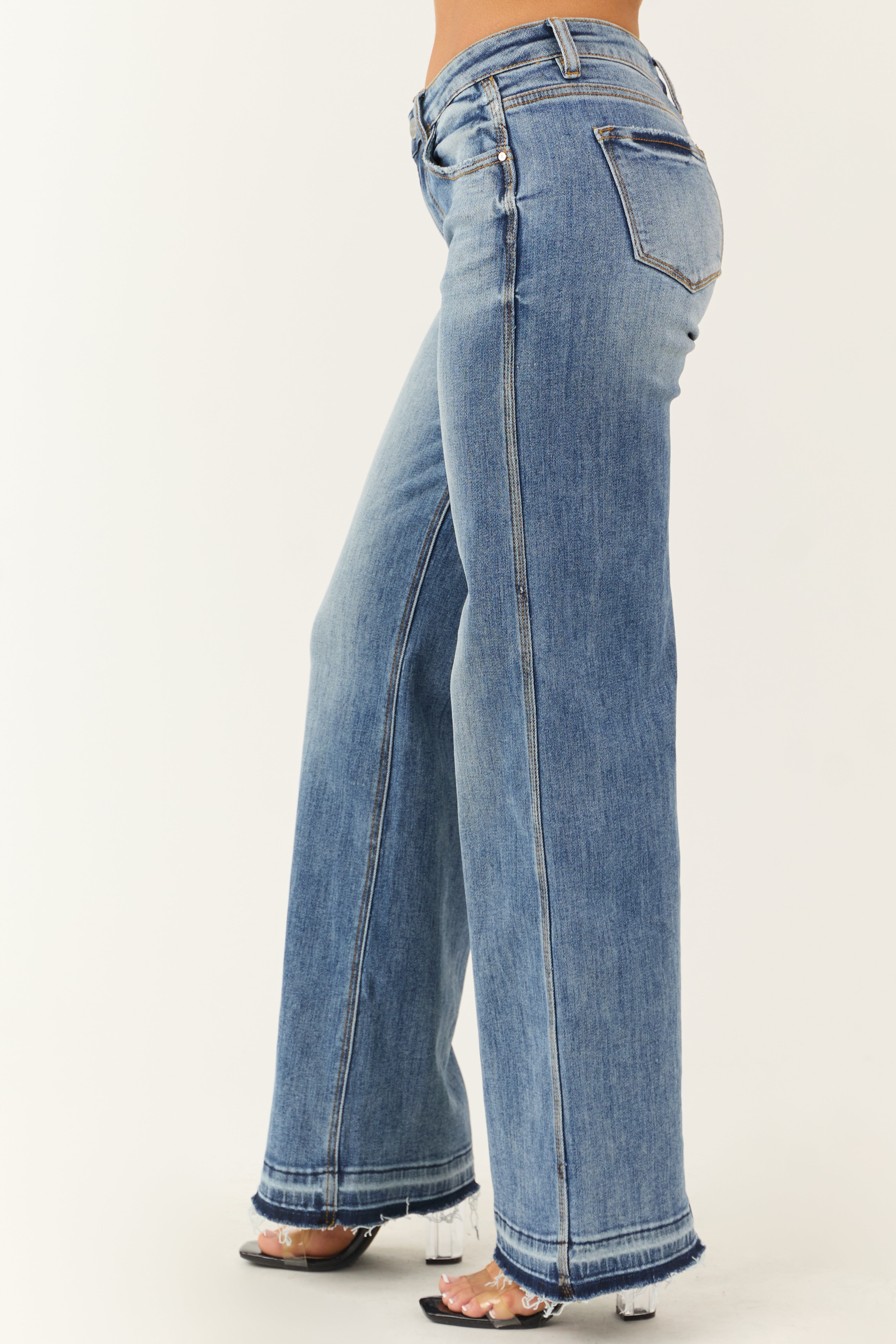 Risen Medium Wash Wide Leg Released Hem Jeans