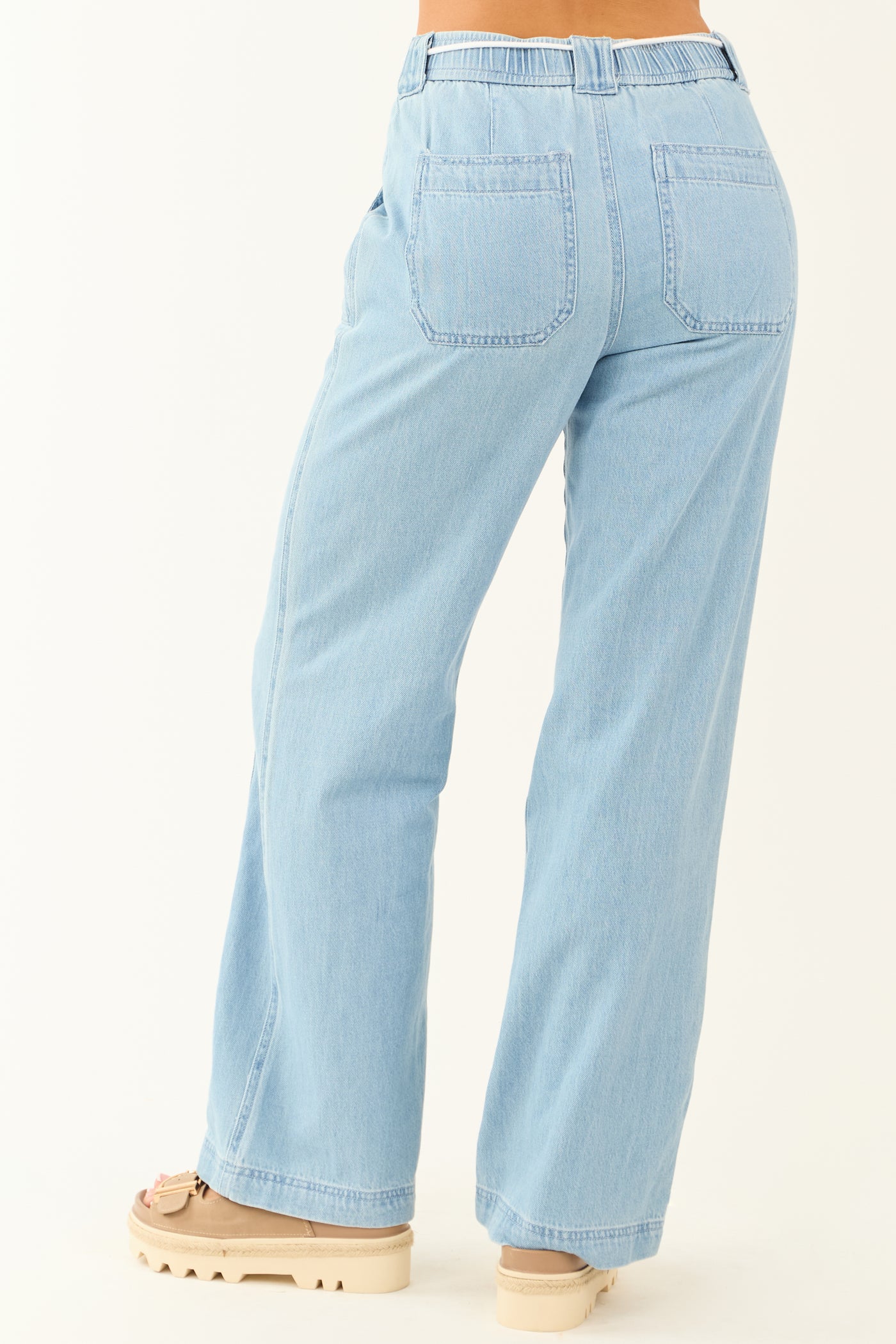 Risen Light Wash Wide Leg Waist Tie Jeans