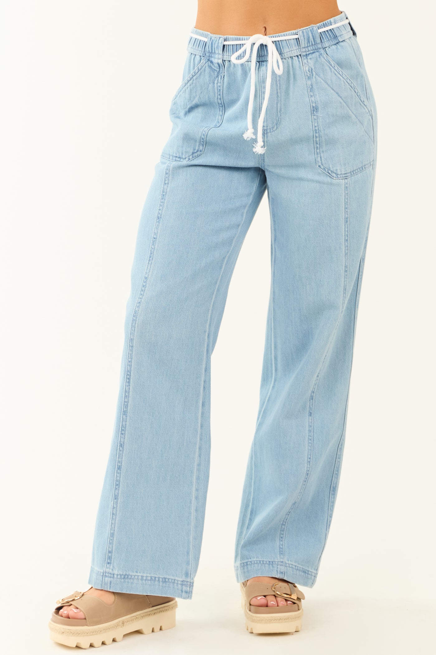 Risen Light Wash Wide Leg Waist Tie Jeans