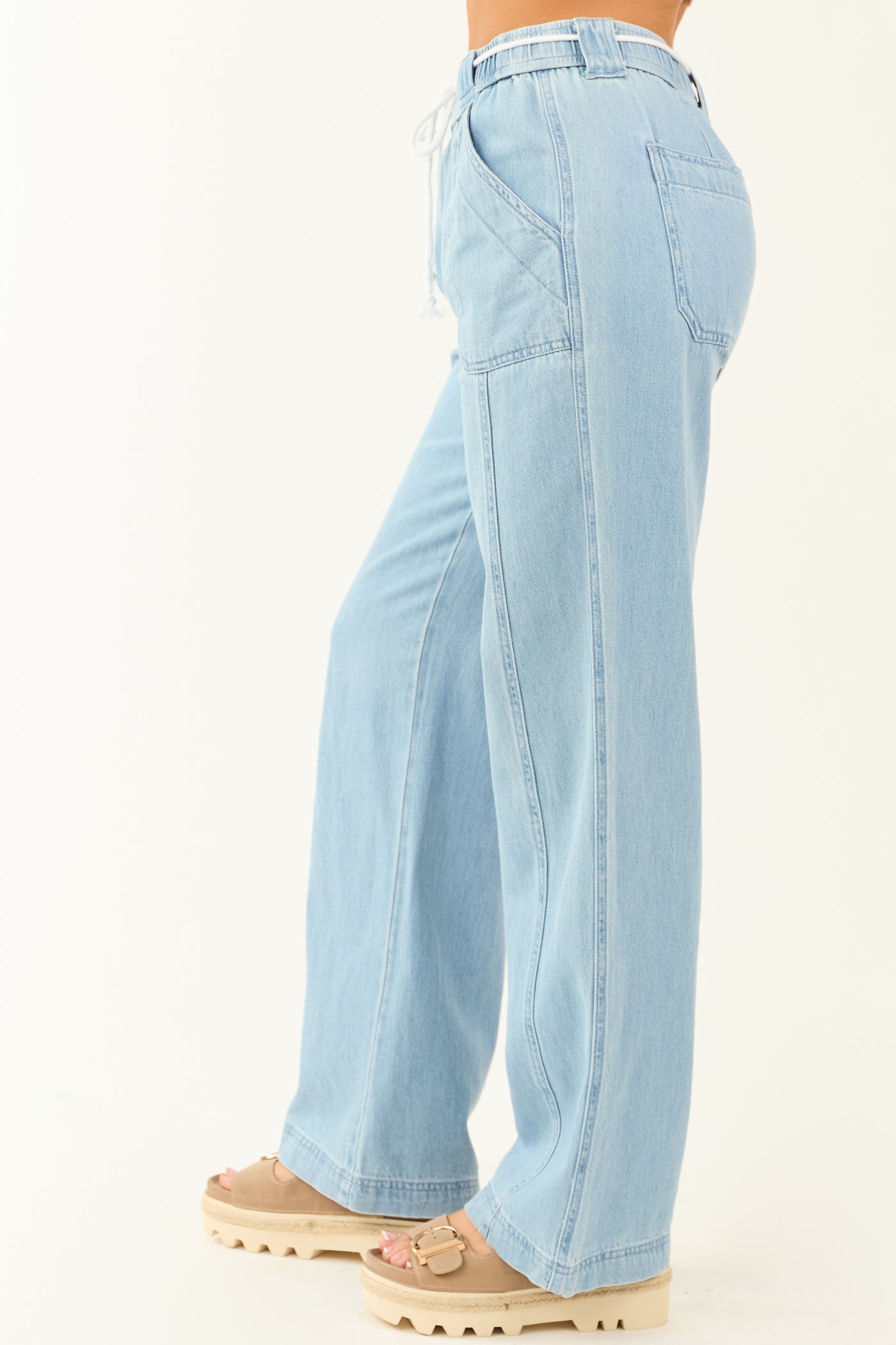 Risen Light Wash Wide Leg Waist Tie Jeans