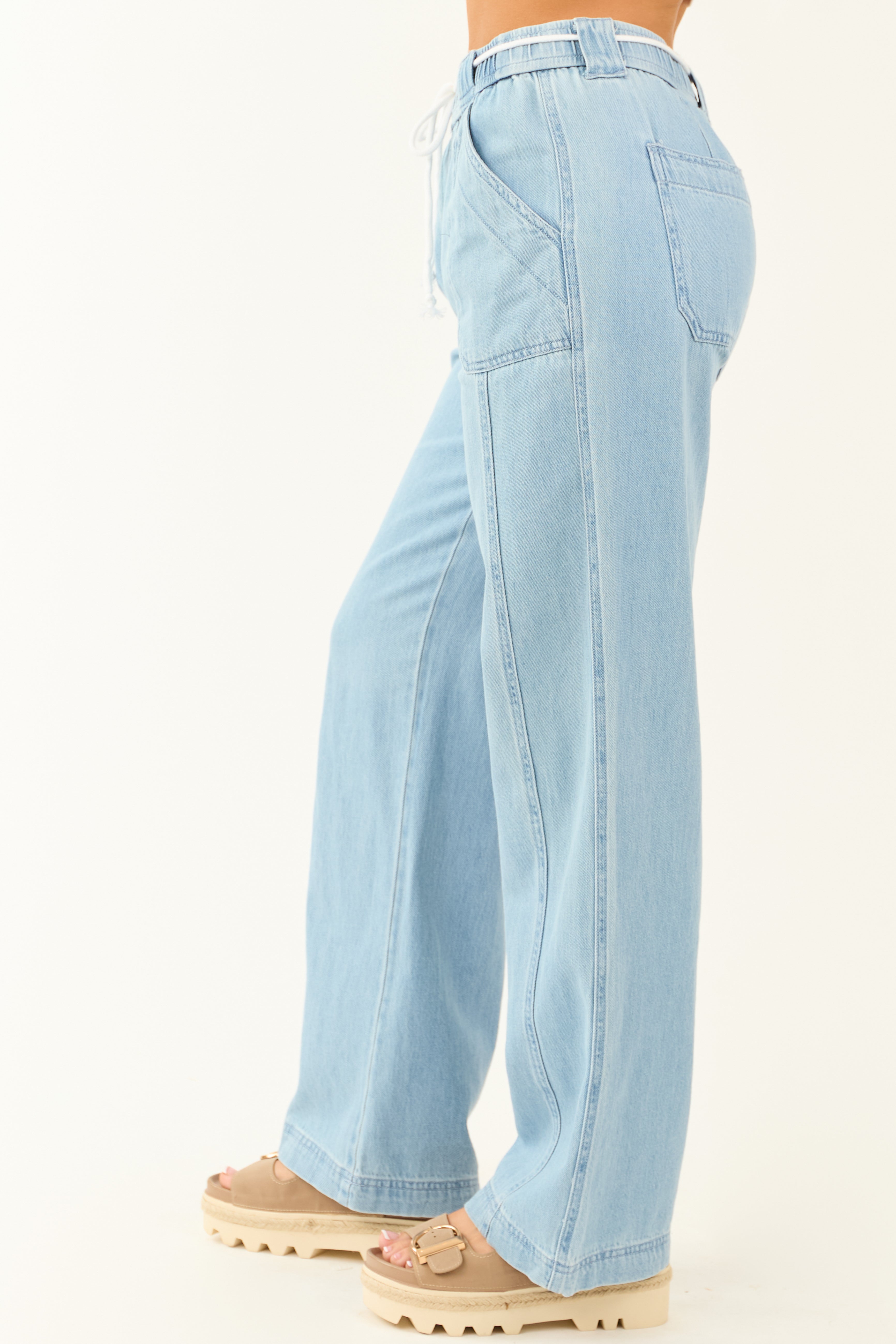 Risen Light Wash Wide Leg Waist Tie Jeans