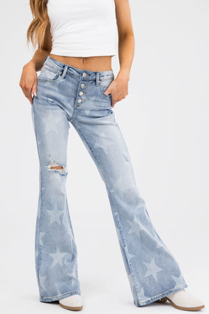 Risen Mid Rise Star Print Flare Jeans