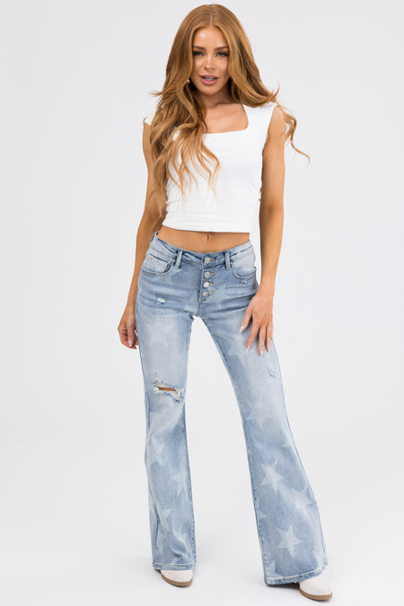 Risen Mid Rise Star Print Flare Jeans