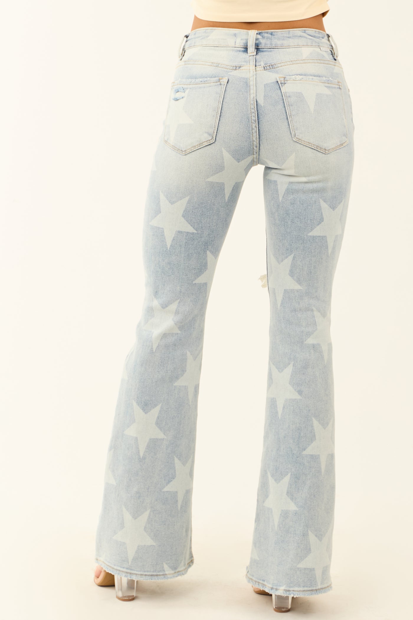 Risen Mid Rise Star Print Stretchy Flare Jeans