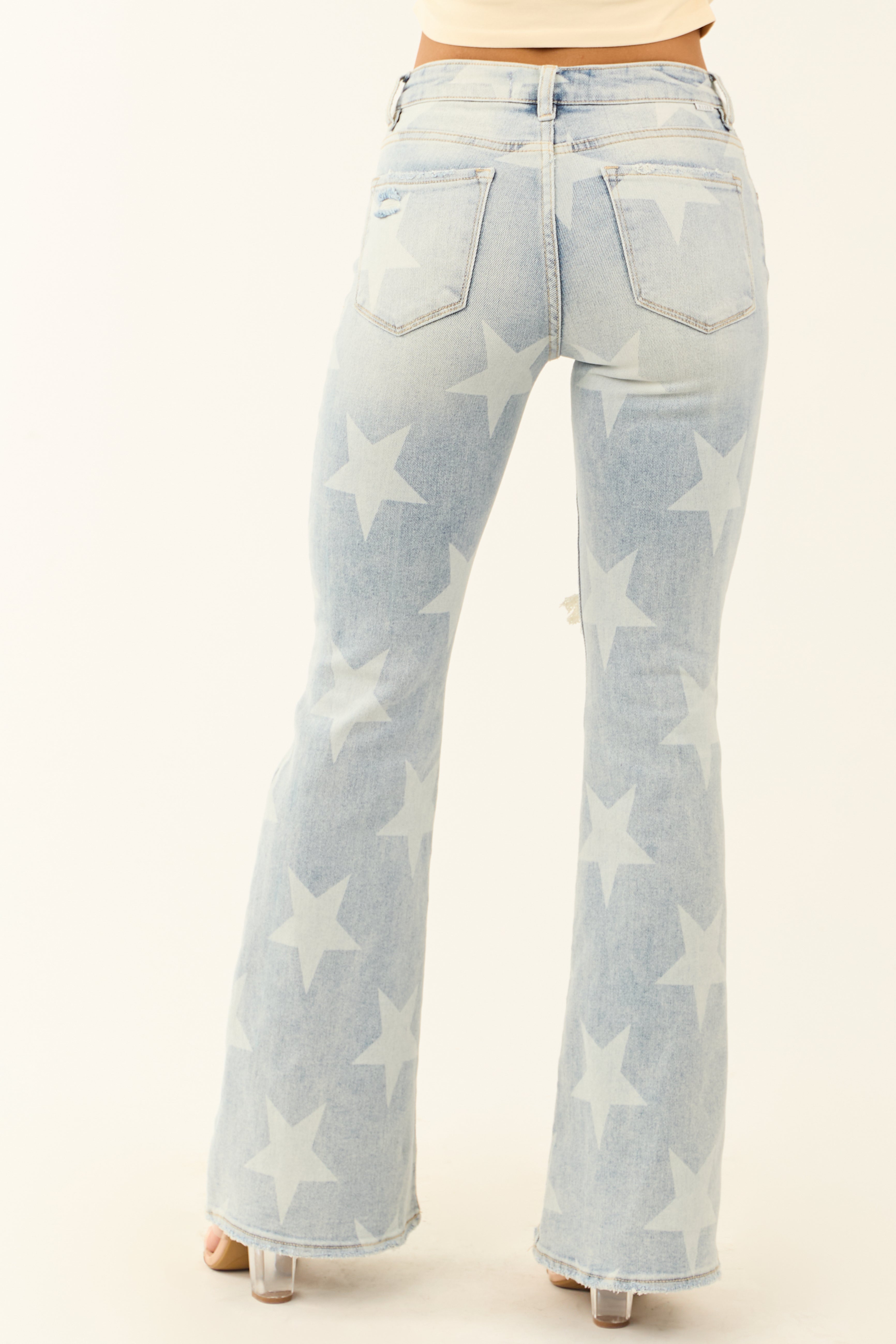 Risen Mid Rise Star Print Stretchy Flare Jeans