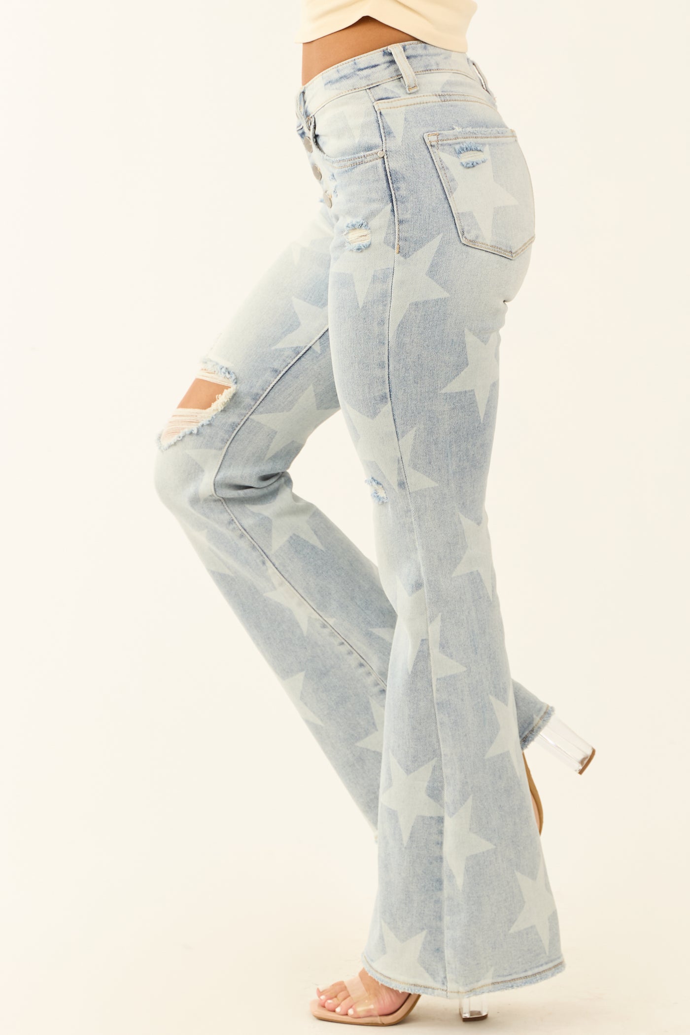 Risen Mid Rise Star Print Stretchy Flare Jeans