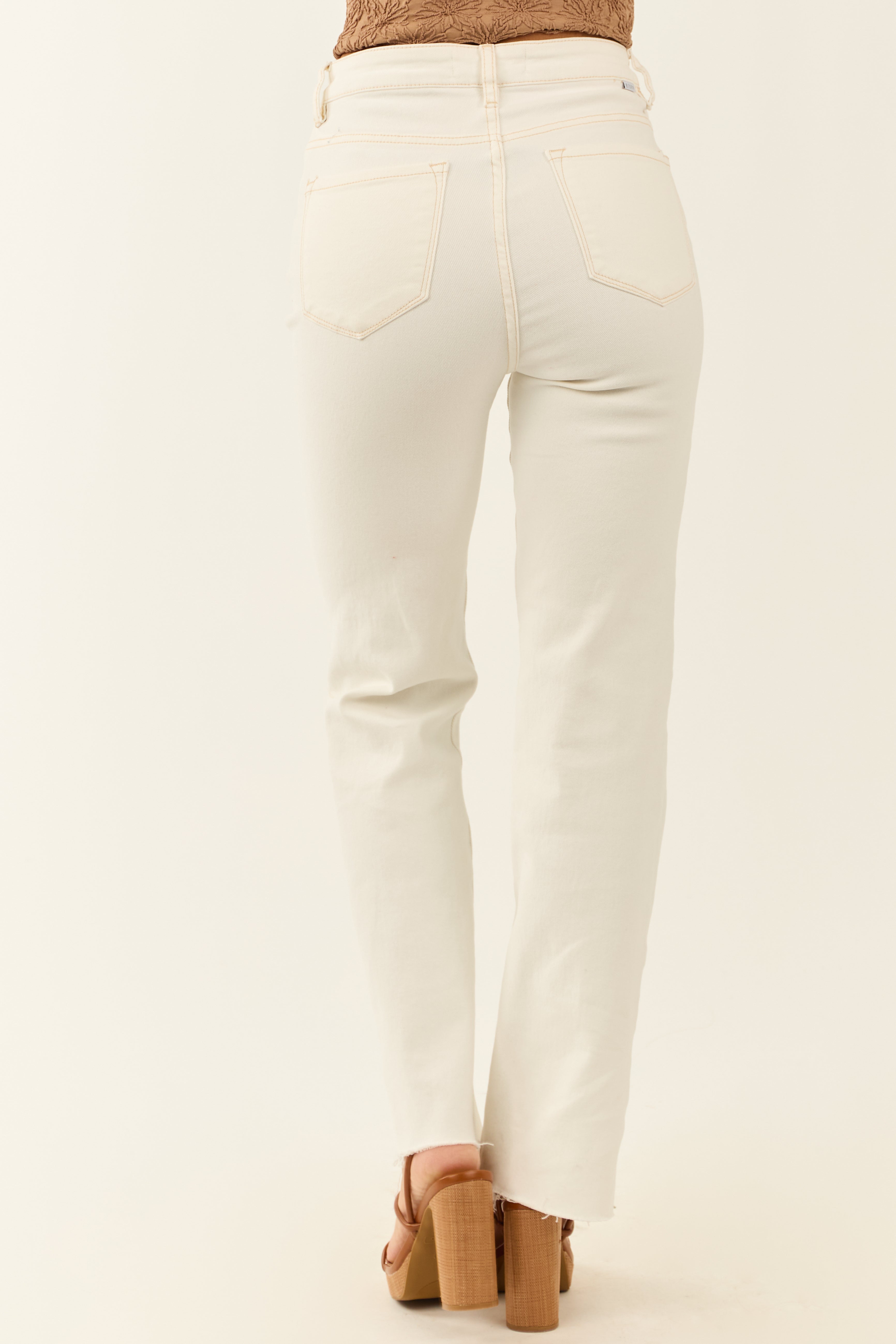 Risen Off White Stretchy Straight Leg Raw Hem Jeans