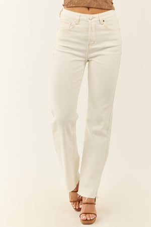 Risen Off White Stretchy Straight Leg Raw Hem Jeans