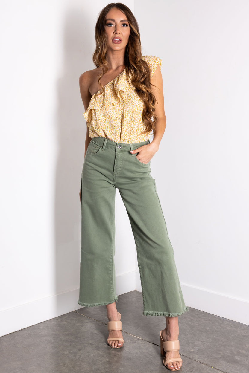 Risen Olive Tummy Control Cropped Wide Jeans