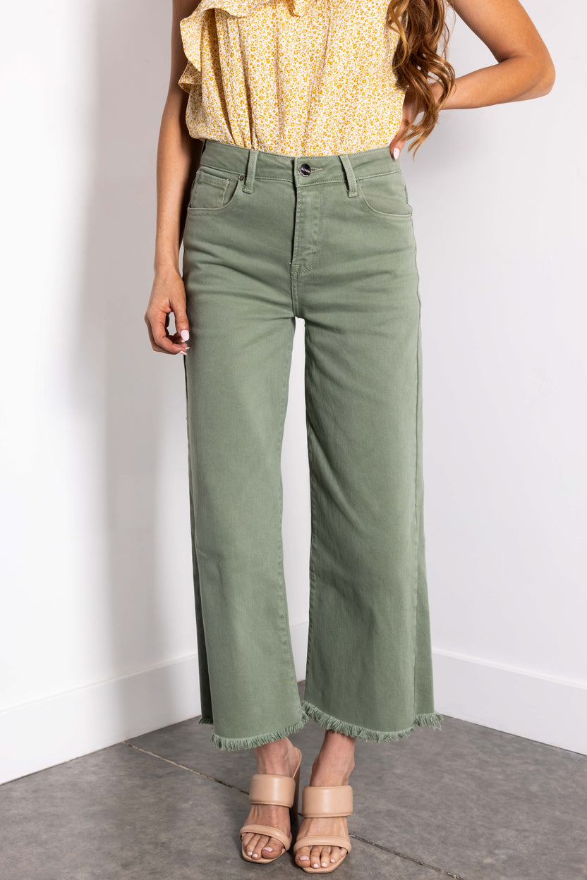 Risen Olive Tummy Control Cropped Wide Jeans