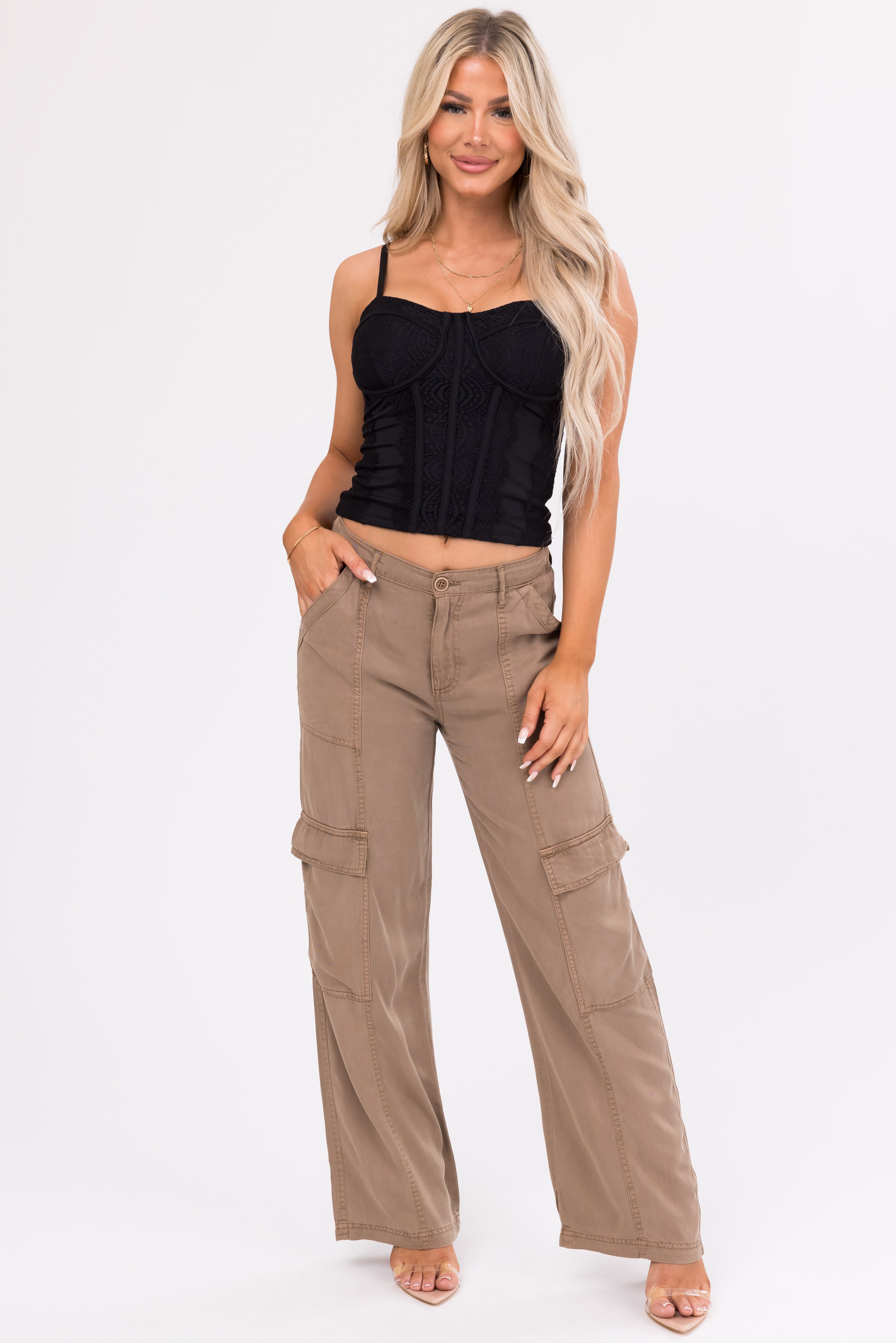 Risen Peanut Wide Leg Tencel Cargo Pants