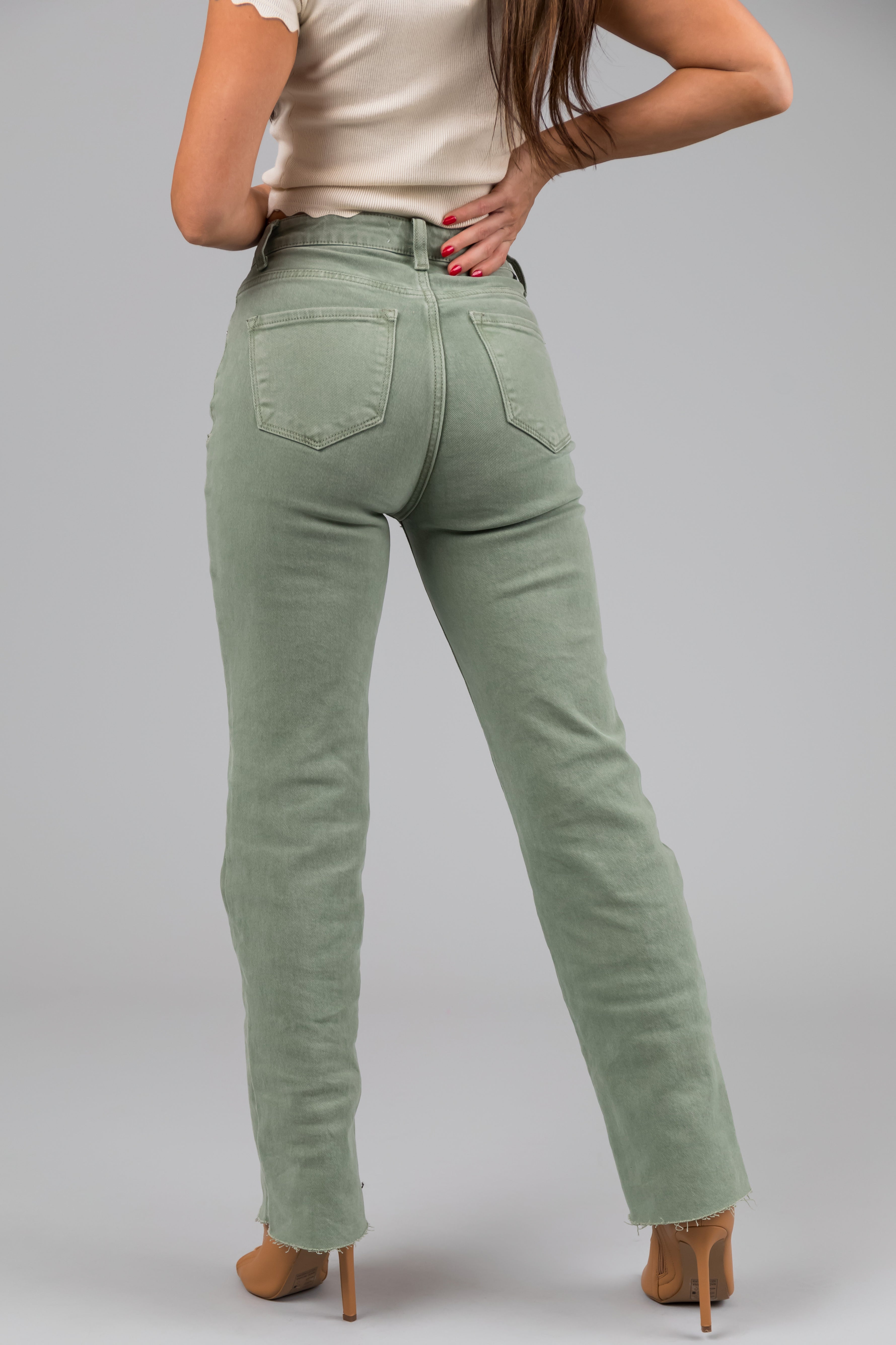 Risen Sage High Rise Straight Leg Raw Hem Jeans