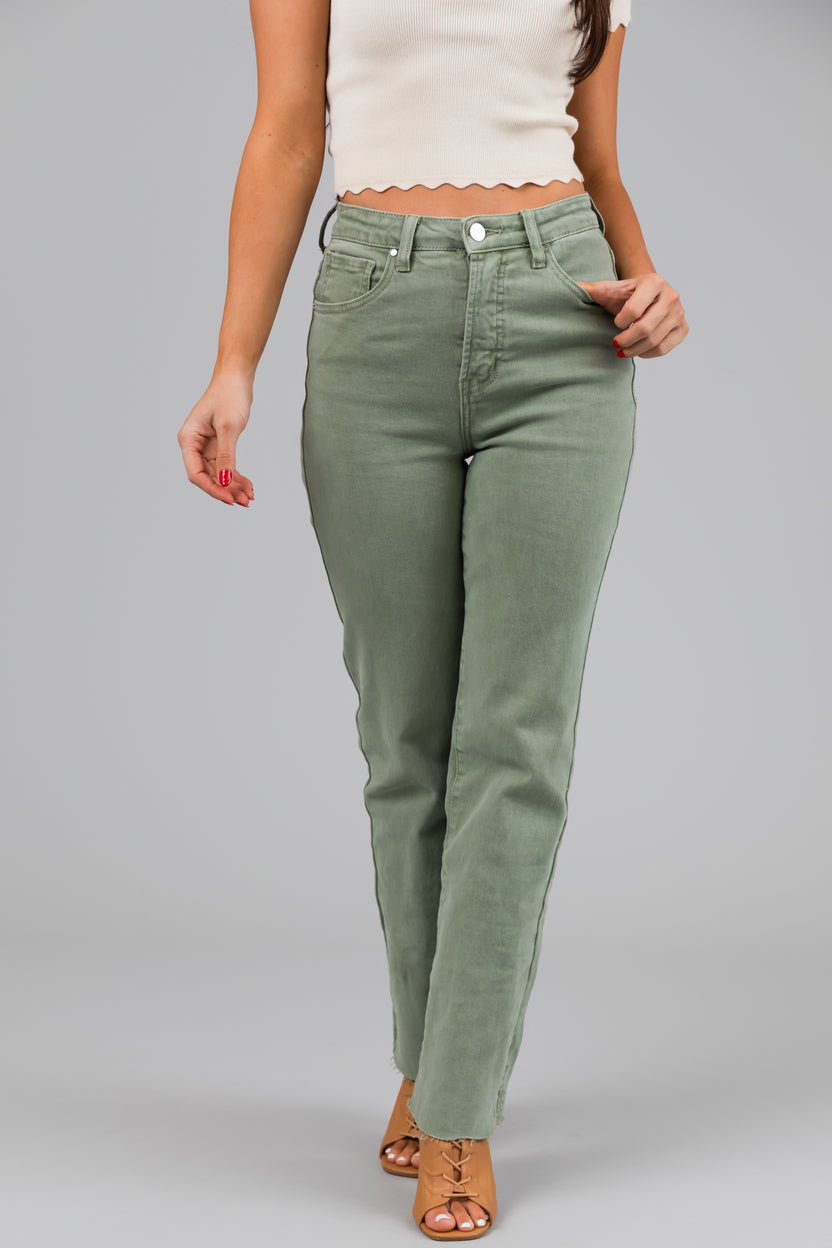 Risen Sage High Rise Straight Leg Raw Hem Jeans