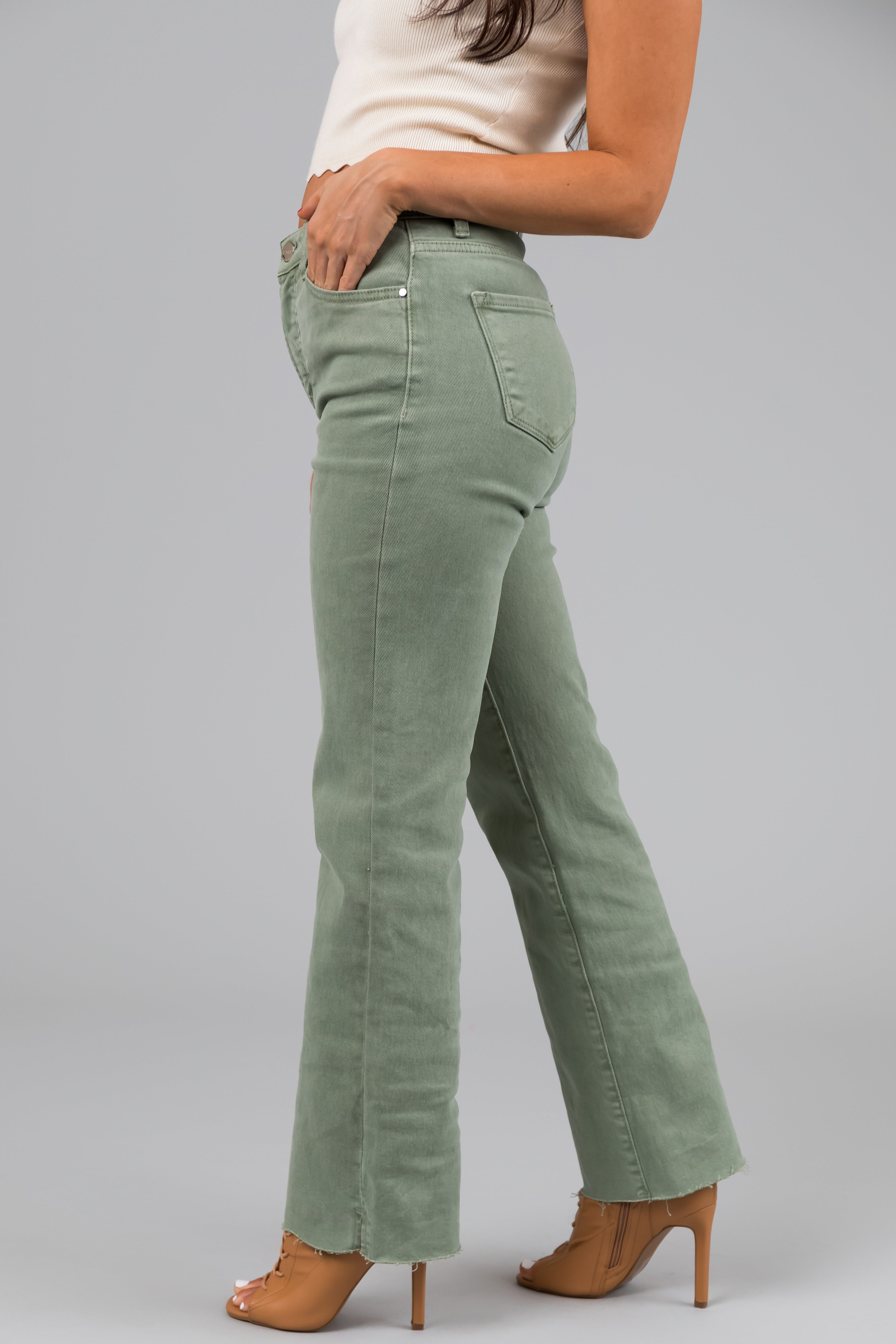 Risen Sage High Rise Straight Leg Raw Hem Jeans