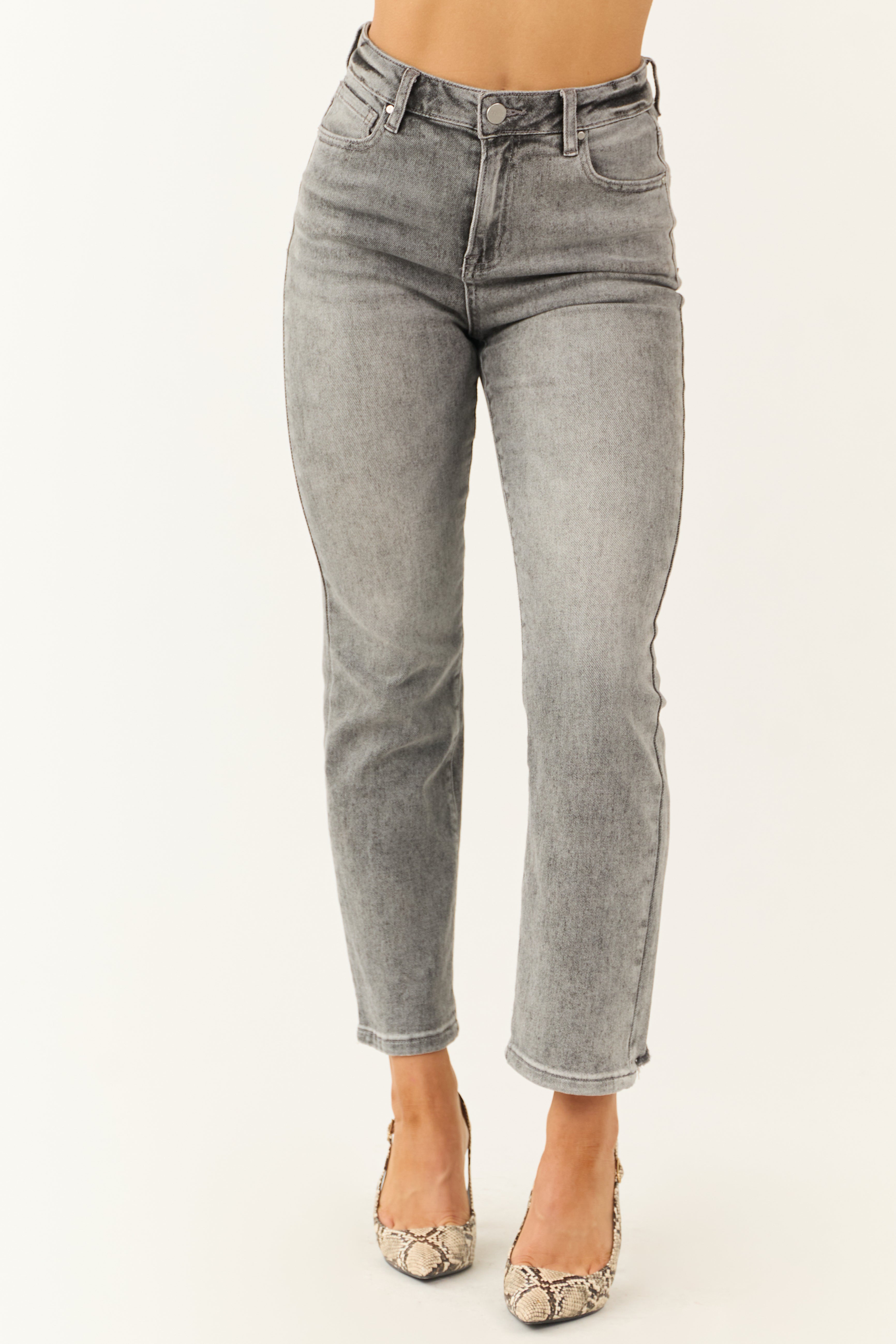 Risen Stone Washed Straight Leg Distressed Hem Jeans