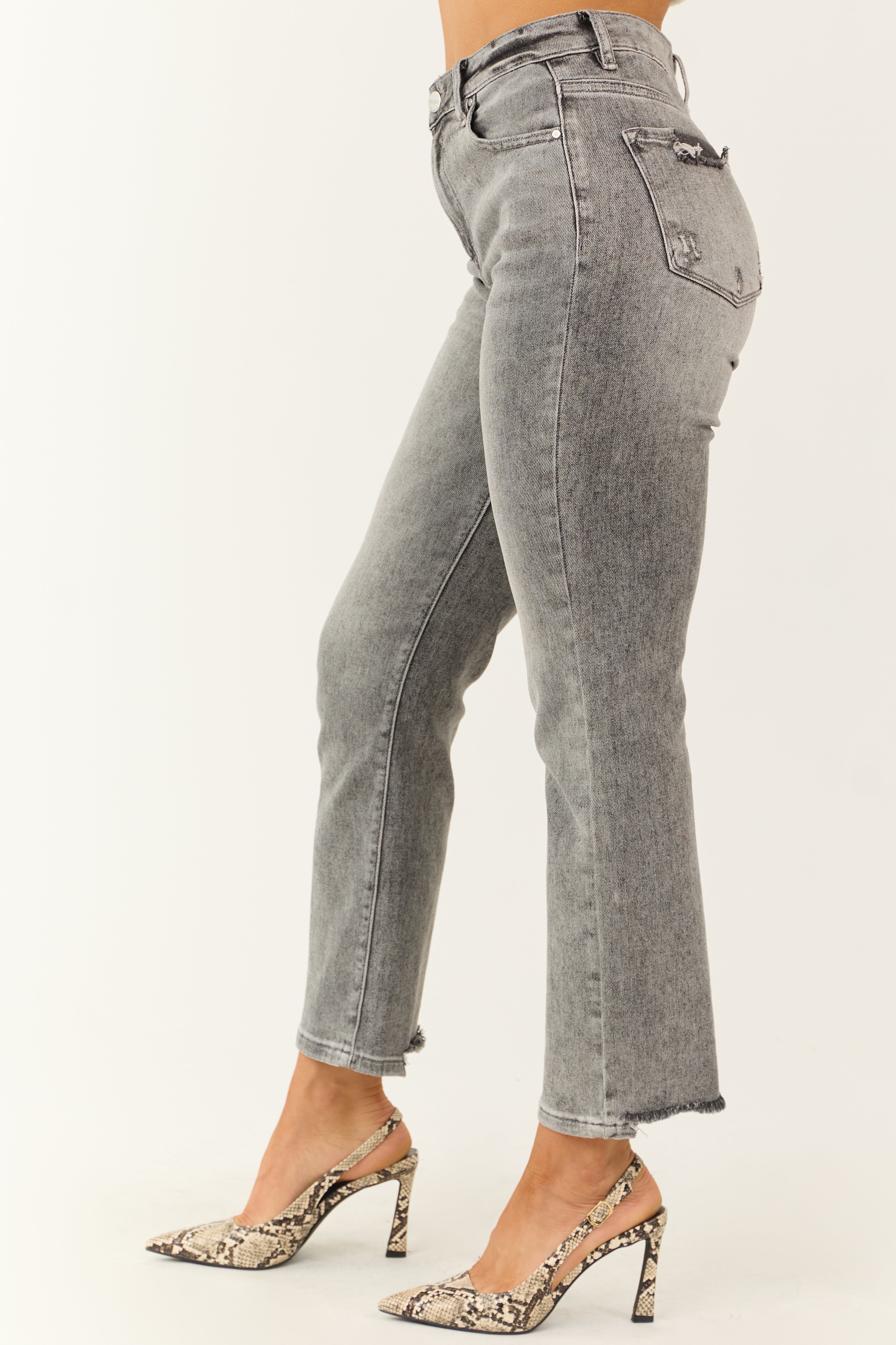 Risen Stone Washed Straight Leg Distressed Hem Jeans