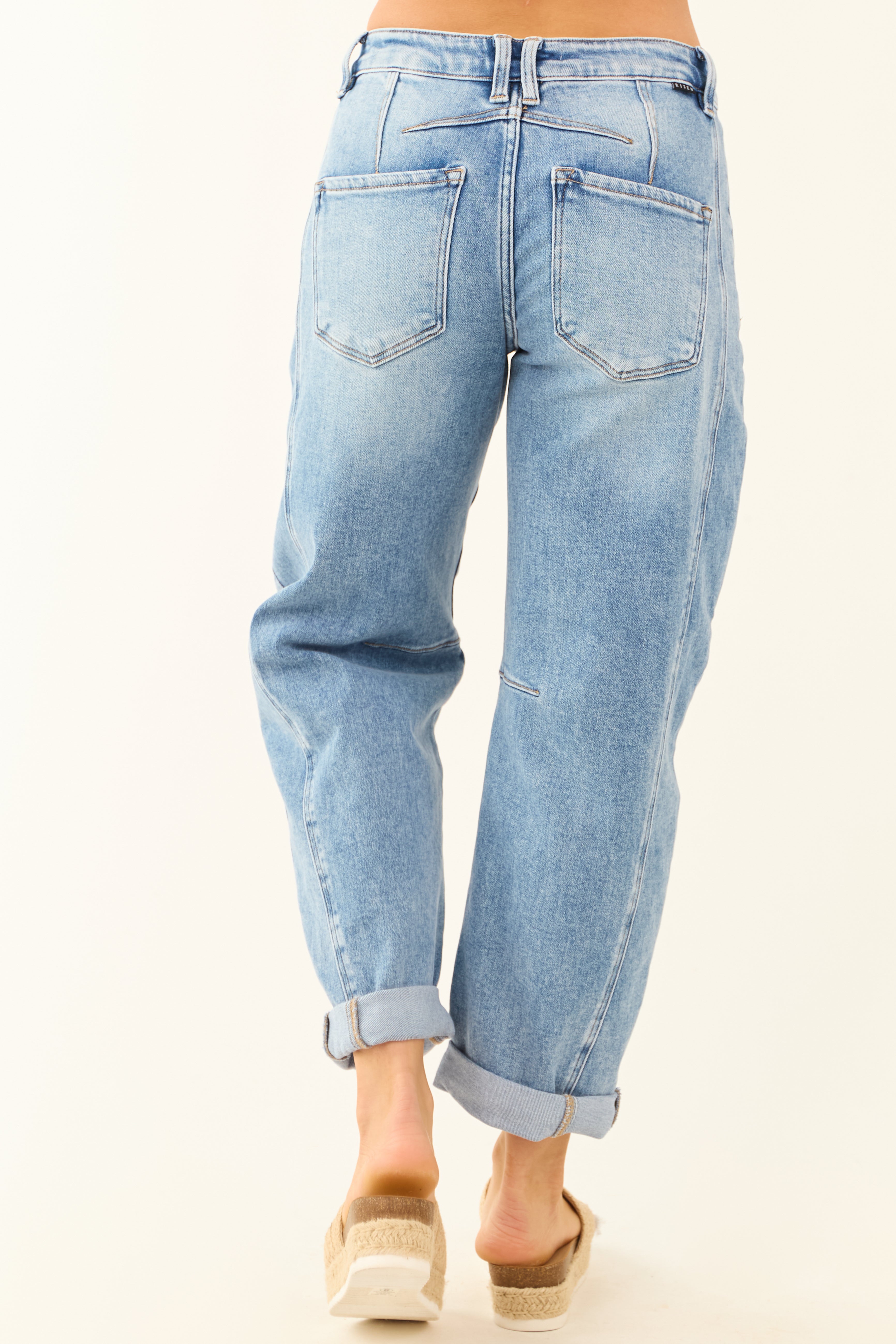 Risen Stretchy Medium Wash Cuffed Barrel Jeans