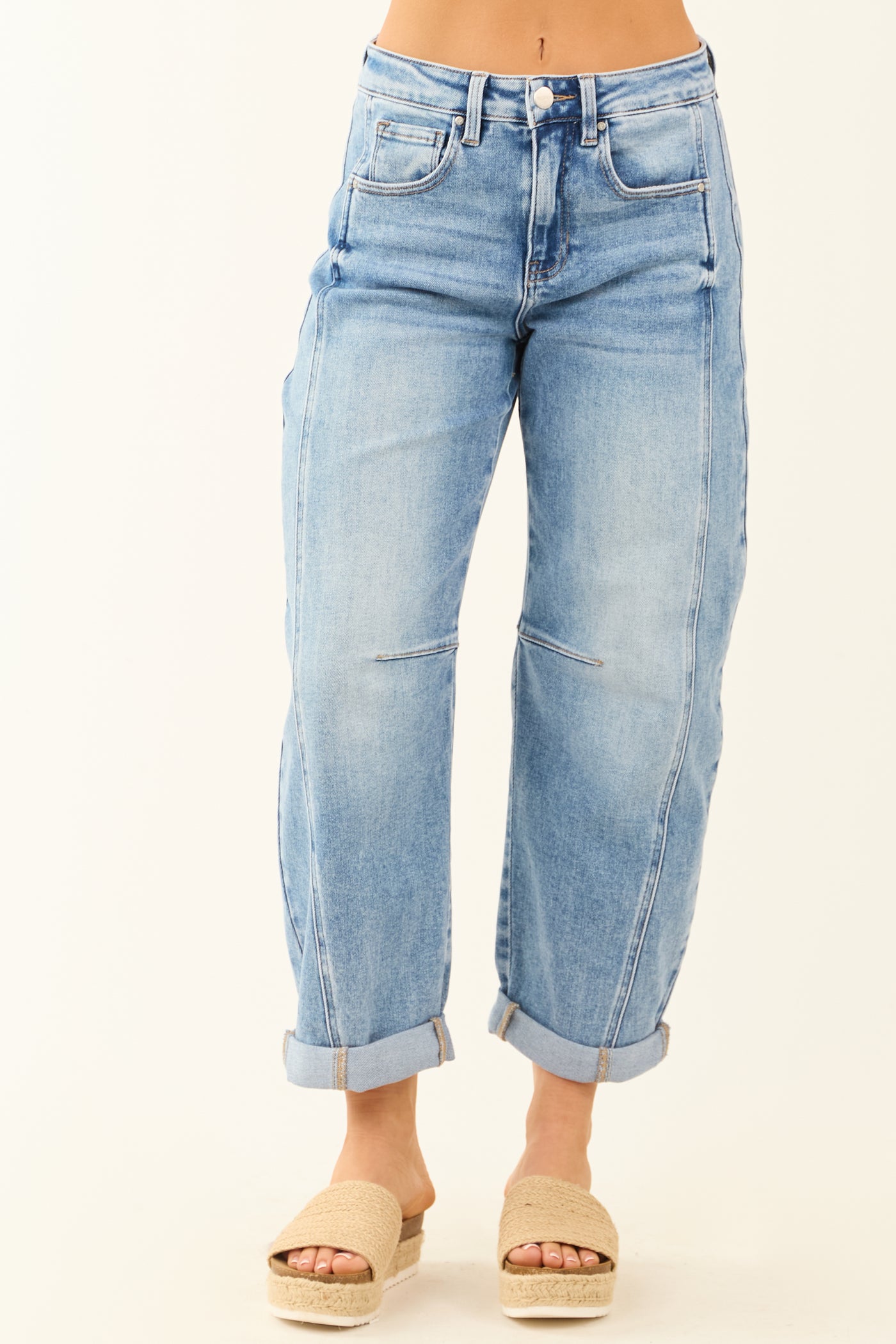 Risen Stretchy Medium Wash Cuffed Barrel Jeans