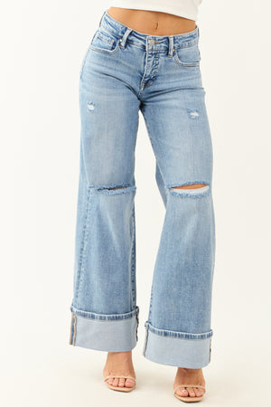 Risen Tummy Control Stretchy Wide Leg Cuffed Jeans