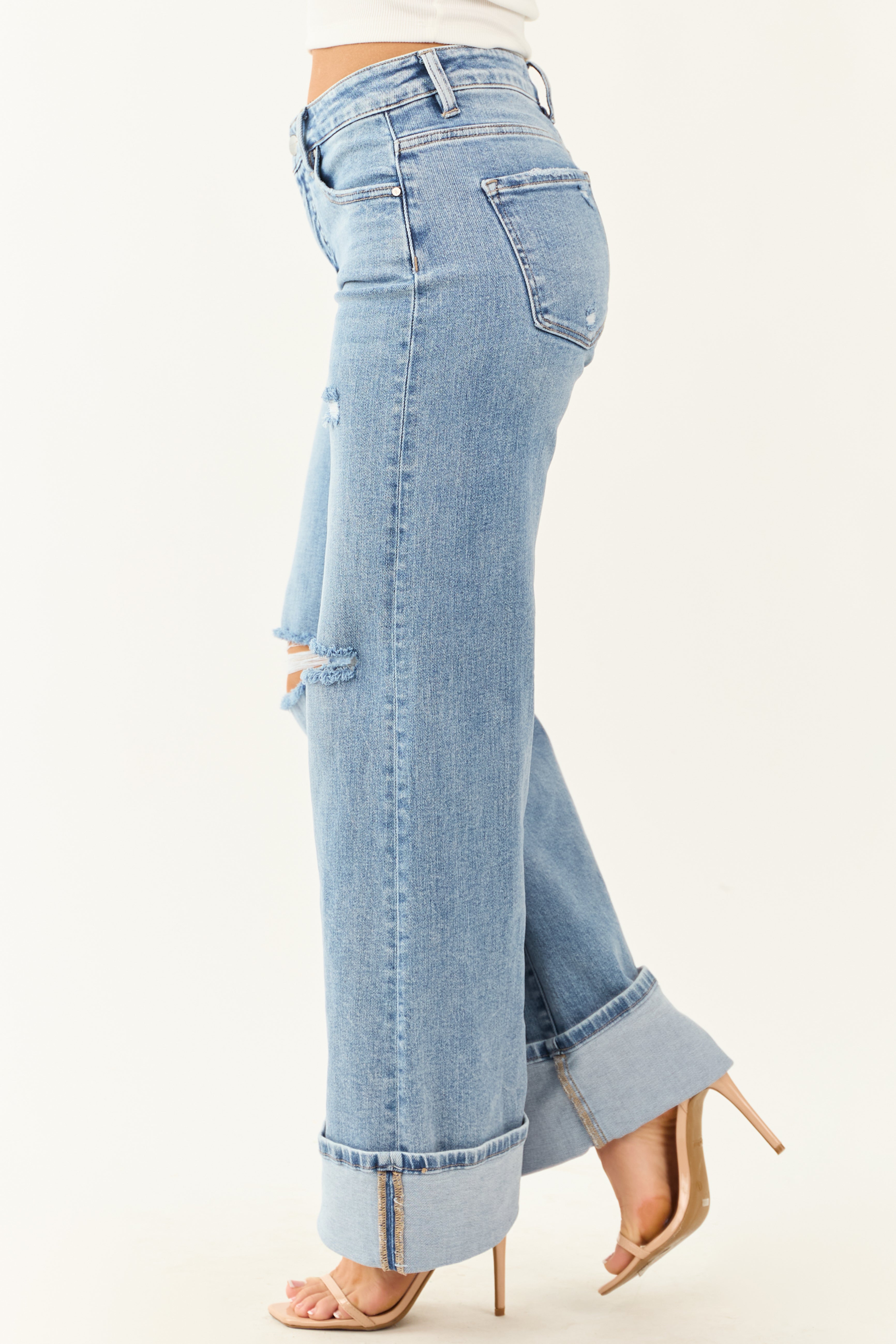 Risen Tummy Control Stretchy Wide Leg Cuffed Jeans