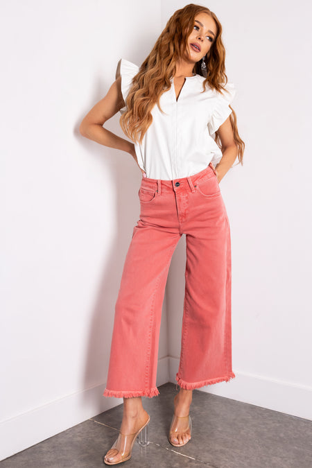 Risen Watermelon Tummy Control Cropped Wide Jeans