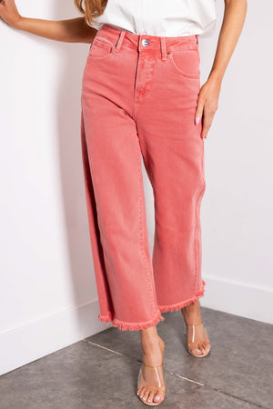 Risen Watermelon Tummy Control Cropped Wide Jeans