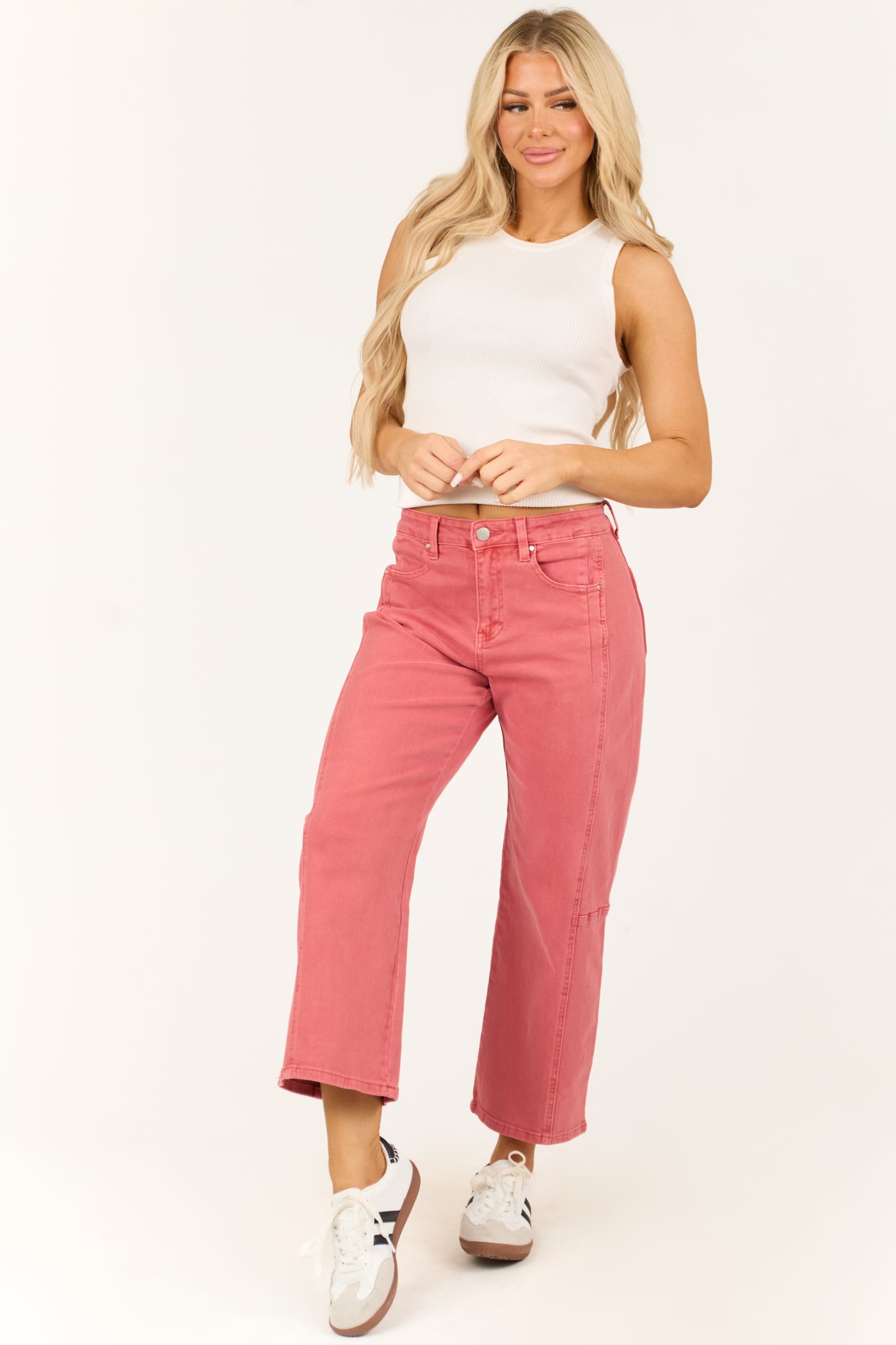 Risen Watermelon Wide Leg High Rise Cropped Jeans