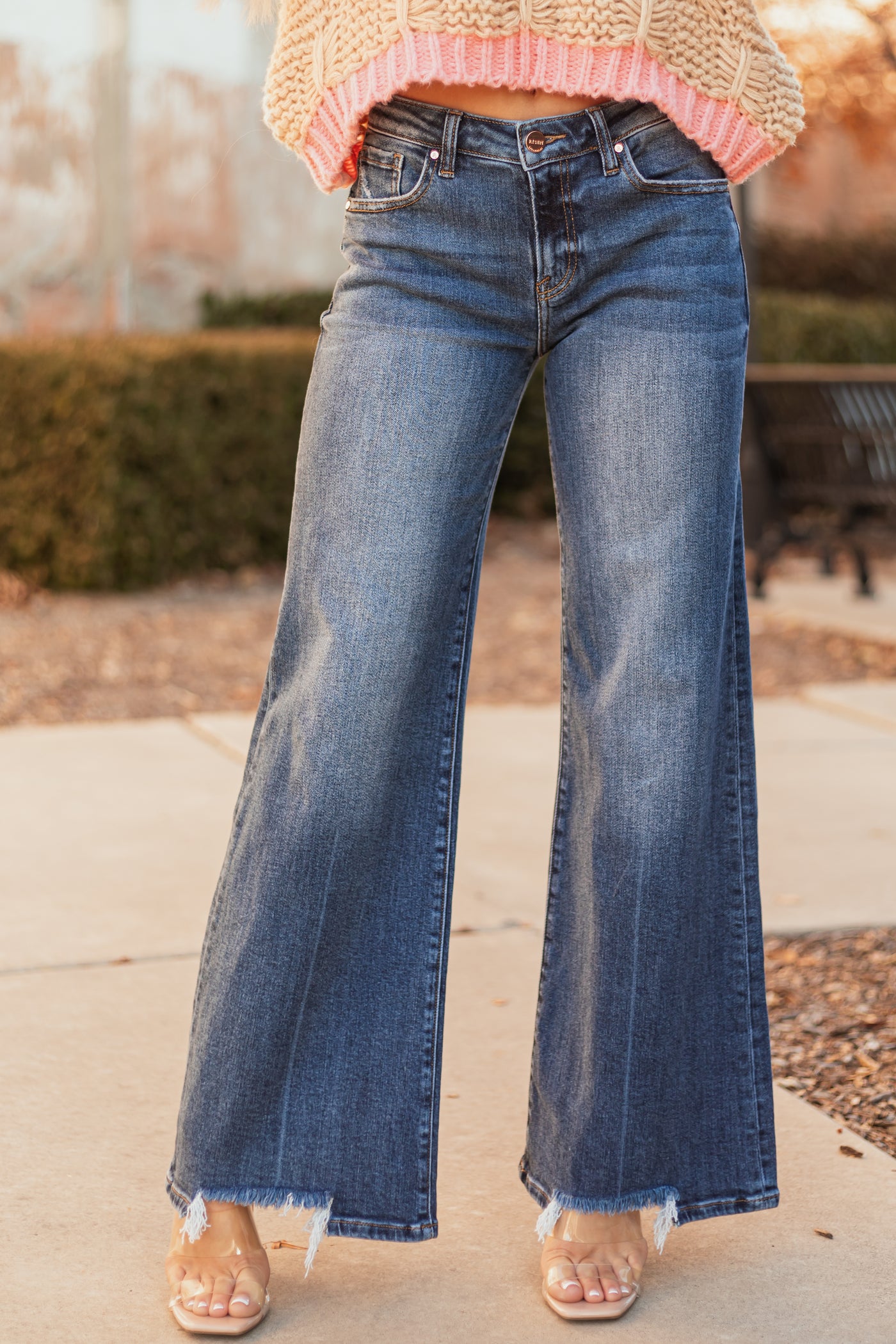 Risen Dark Wash High Rise Wide Flare Leg Jeans