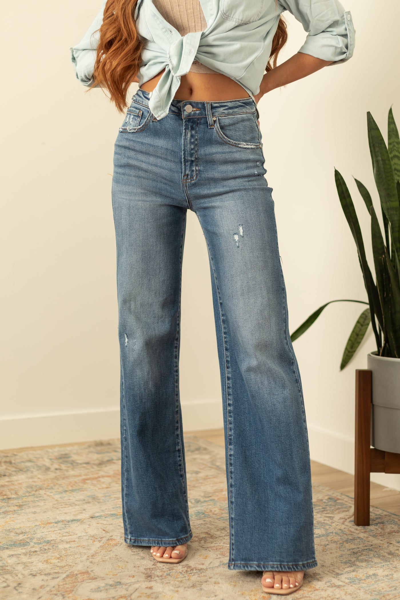 Risen Medium Wash Distressed Wide Leg Jeans